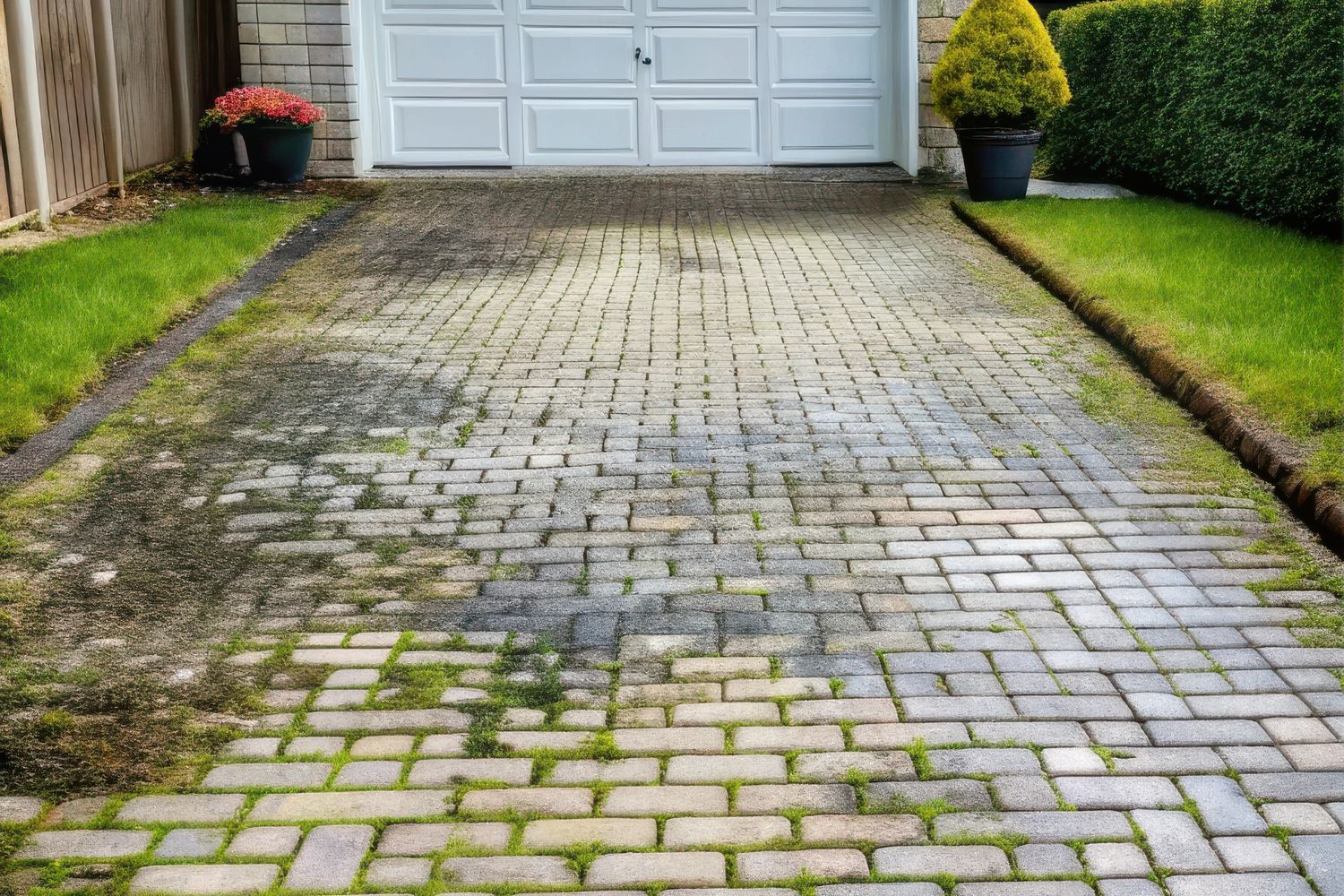 Block paving driveway before cleaning